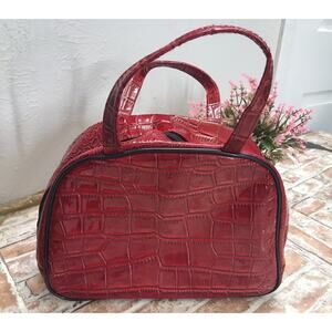 Elizabeth Arden Cherry Red Hot Croc with Black Trim Double Handle Bag Purse Zips
